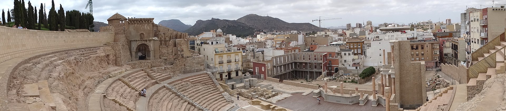 Cartagena Roman Theatre, harbour and old town from the cruise port, Spain